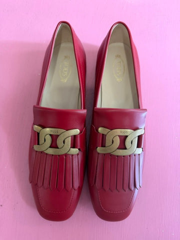 Pre-Loved Tod's Flat T Link Red Loafer